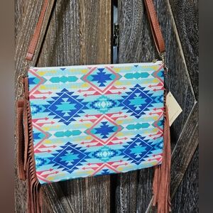 NWT Blue Aztec Pattern Fringe Crossbody/Wristlet Bag